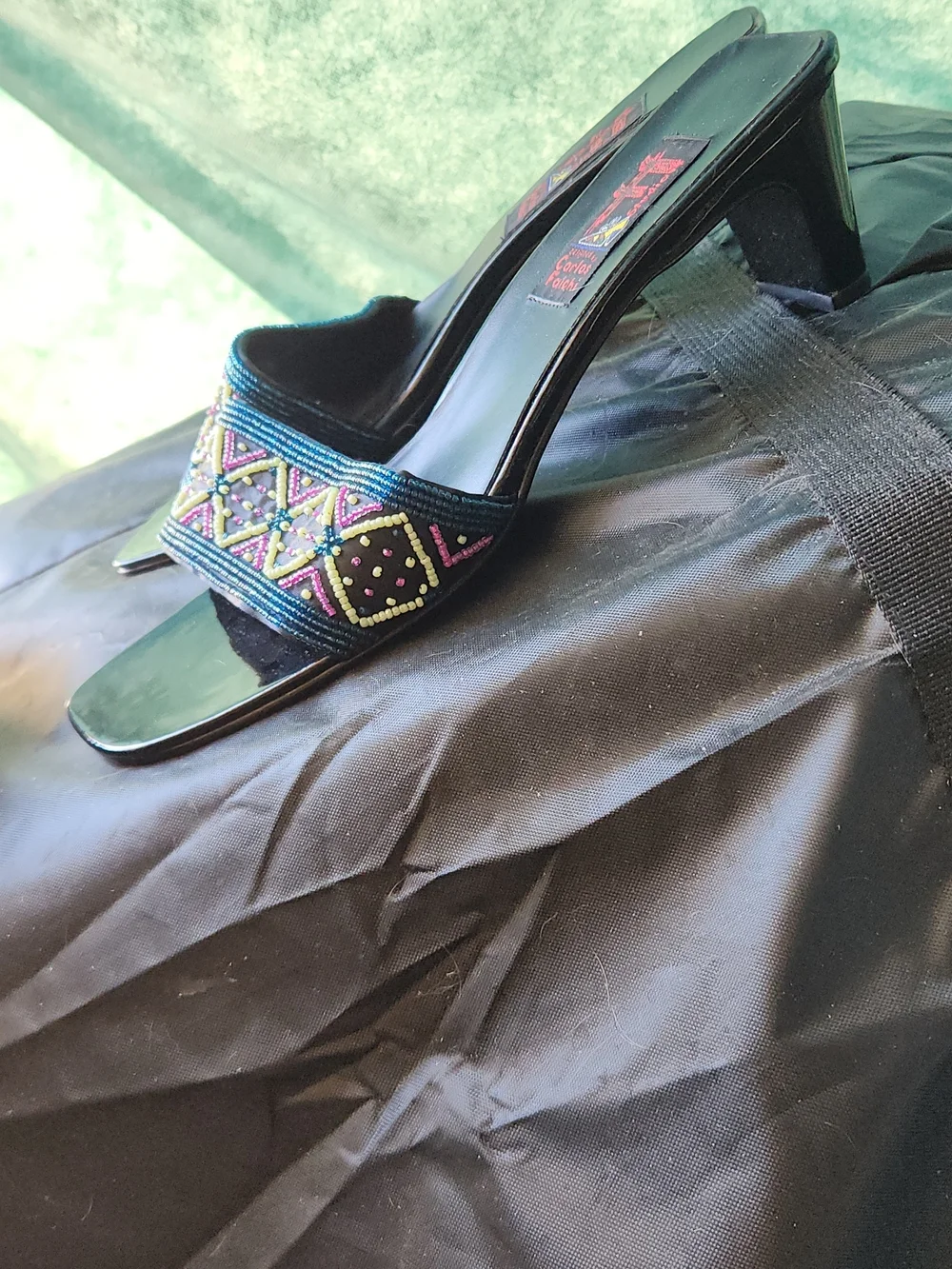 Carlos Falchi Black Beaded Slide Sandals with Blue Accent